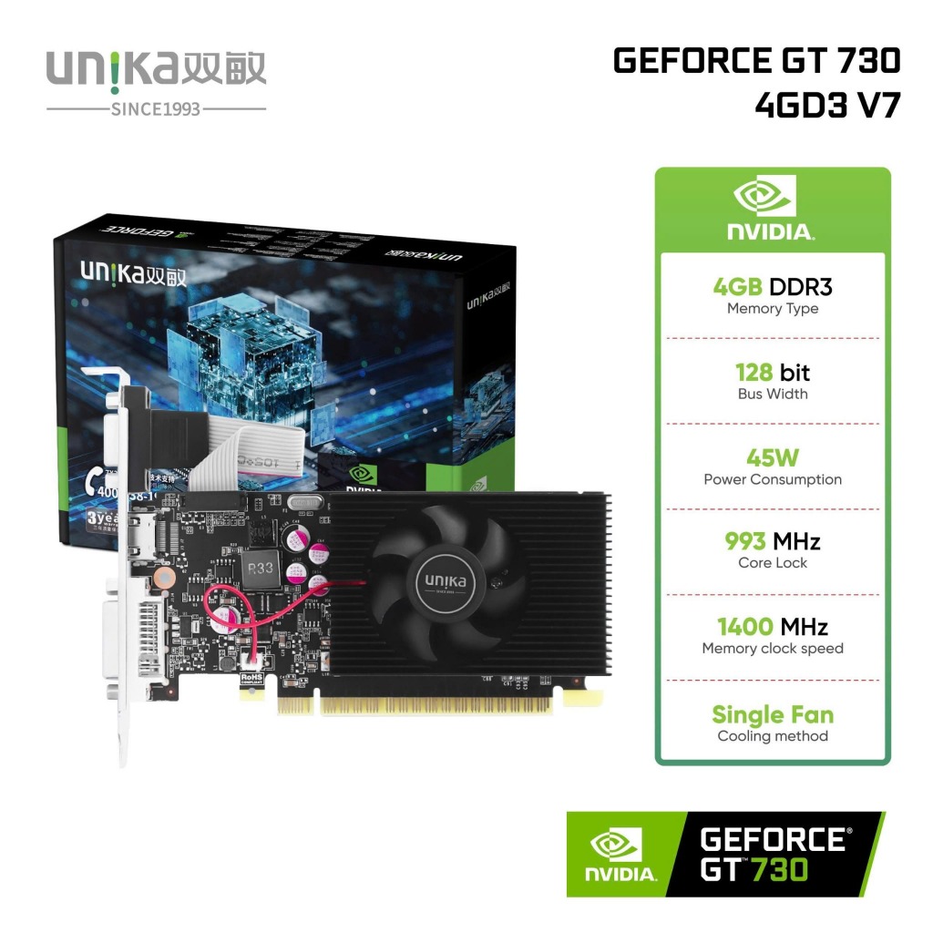 VGA Card màn hình Unika Nvidia GeForce GT 730 4G D3 V7 - Đen 4GB GDDR3 không cần nguồn phụ BH 36T