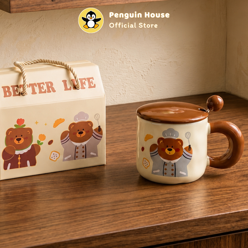 [Penguin] Cốc sứ uống nước Gấu Nâu 400ml cốc sứ cute ly sứ dễ thương quà tặng người yêu_FS3