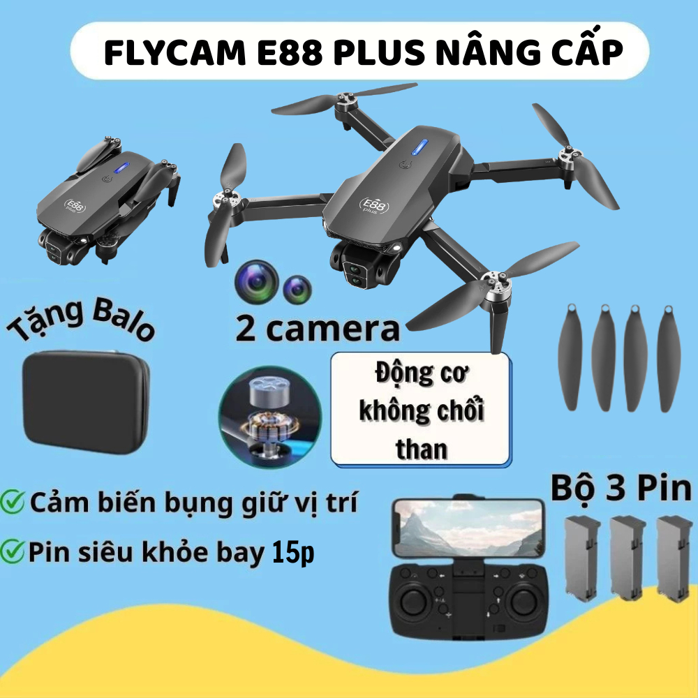 PIycam Mini, Flycam Giá Rẻ, Máy Bay Không Người Lái E88 PLUS Camera Kép,Chế Độ Cảm Biến Tránh Giữ Vị