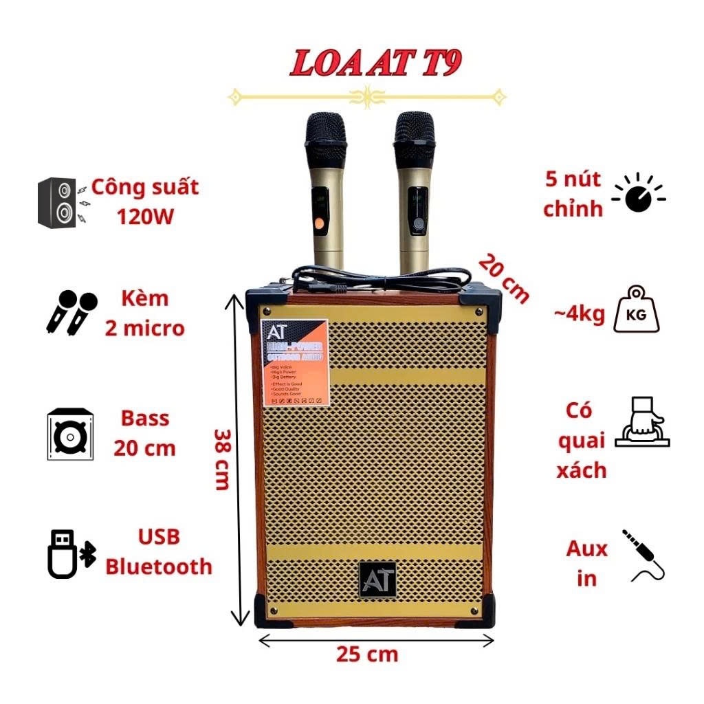 Loa Kéo Karaoke AT T9 - Bass 20Cm Công Suất 120W Kèm 2 Micro Không Dây Kết Nối Bluetooth 5.0