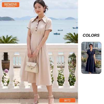 Đầm thiết kế BEMINE cổ sơ mi đính cúc dáng chữ A phù hợp đi làm-B572
