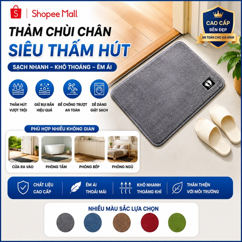 Thảm lau chân hình chữ nhật chất liệu len mềm mịn dày dặn chống trơn trượt - PTLUXURY