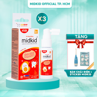 Combo 3 hộp Xịt chống sâu răng MIDKID vị táo 20ml cho bé từ 1 tuổi, vị ngọt thơm nuốt an toàn