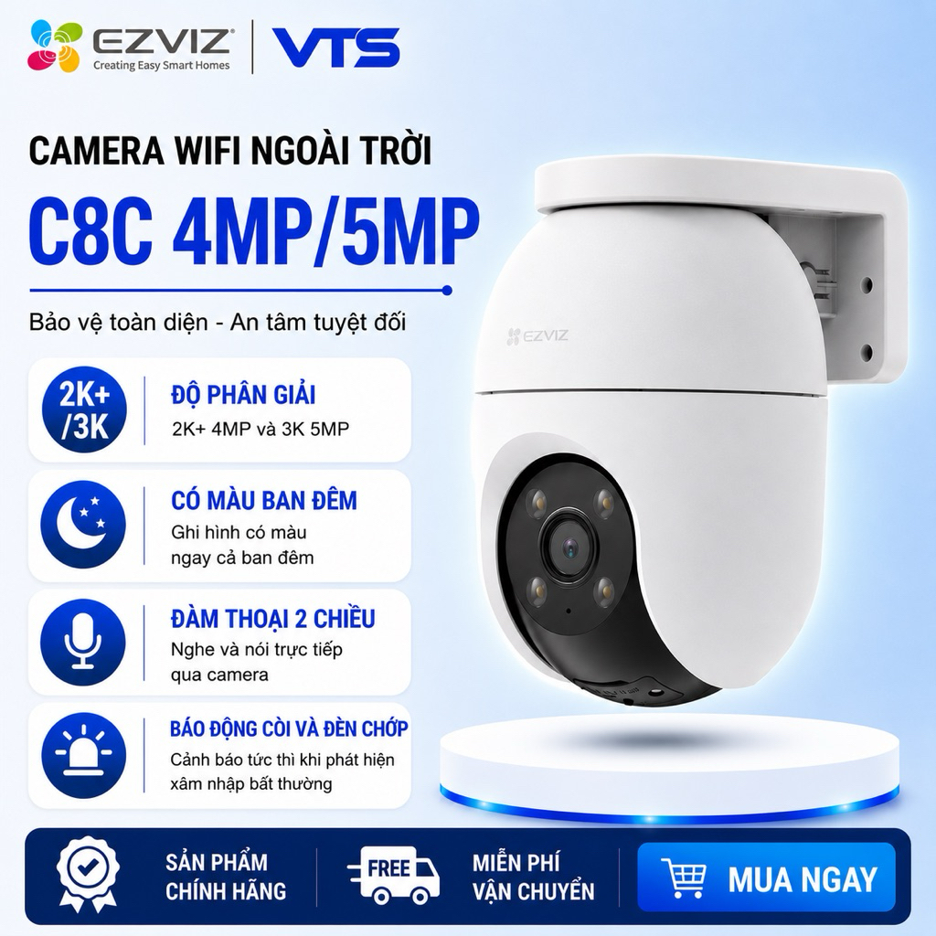 Camera Wifi EZVIZ C8C 2K+ 4MP/C8C 3K 5MP Ngoài Trời, Xoay 360 Độ, Đàm Thoại, Có Màu, Báo Động