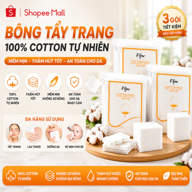 [ COMBO 5 GÓI ] Bông Tẩy trang làm sạch mỹ phẩm 3 lớp cotton túi 222 miếng mềm mại và mượt mà