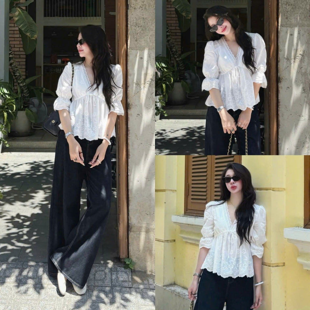 (ẢNH OLDSCHOOL) Áo kiểu ren thô điệu tay chuông rút dây A3737 Joana Top | BigBuy360 - bigbuy360.vn
