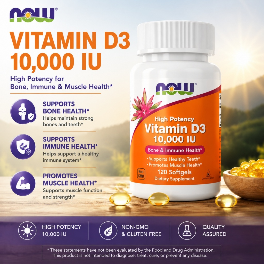 【Nhập khẩu chính hãng từ Mỹ】Viên uống Vitamin D3 Now 2000IU/10000IU giúp xương chắc khỏe, tăng đề kh