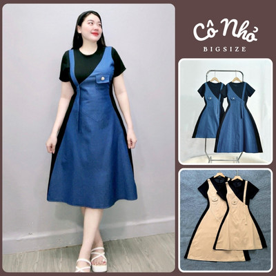 Đầm Bigsize Nữ Tay Ngắn Cổ Tròn Phối Jean Cách Điệu Vải Denim Xanh Cá Tính G671 G672