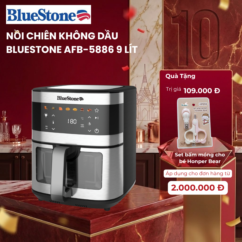 Nồi chiên không dầu BlueStone AFB-5886 – 9L, 1800W, cảm ứng, kính quan sát, Rapid A