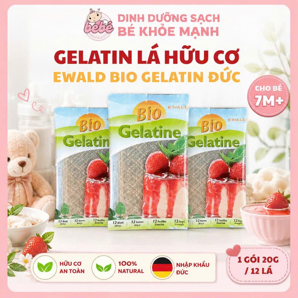 Gelatine Lá Hữu Cơ Đức Ewald Bio 20g/12 Lá. Gelatine Lá Hữu Cơ Cho Bé 7M+