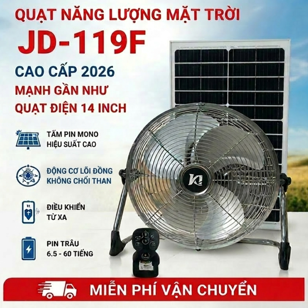 Quạt năng lượng mặt trời Solar Fan JD-119F 14INCH quạt sạc tích điện dạng nằm chân quỳ hiển thị PIN 