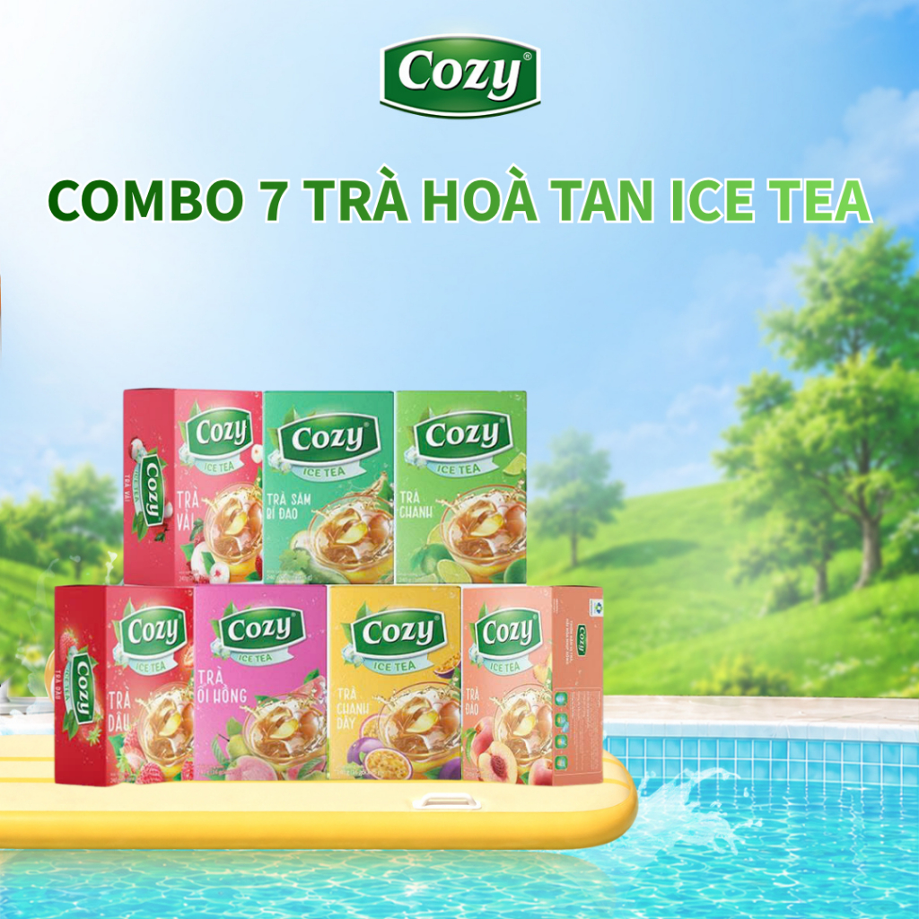 [COMBO 7] Trà Cozy Hoà Tan Ice Tea (7 hộp x 16 gói) Gồm Đào, Dâu, Vải, Chanh Dây, Sâm Bí Đao, Chanh,