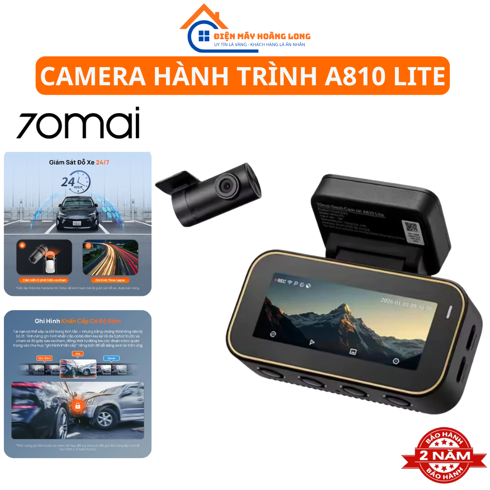 Camera Hành Trình, 70mai A810 Lite, Cam Ô Tô, 4K, Ghi Hình Trước Sau, HDR, GPS, WiFi 6 Chính Hãng