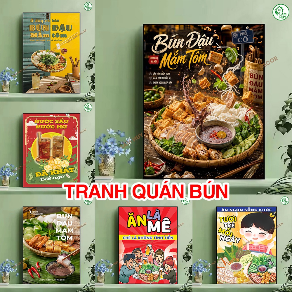 Tranh Treo Tường Quán Bún, Bún đậu, bún chả, bún bò...tranh decor trang trí quán bún có khung