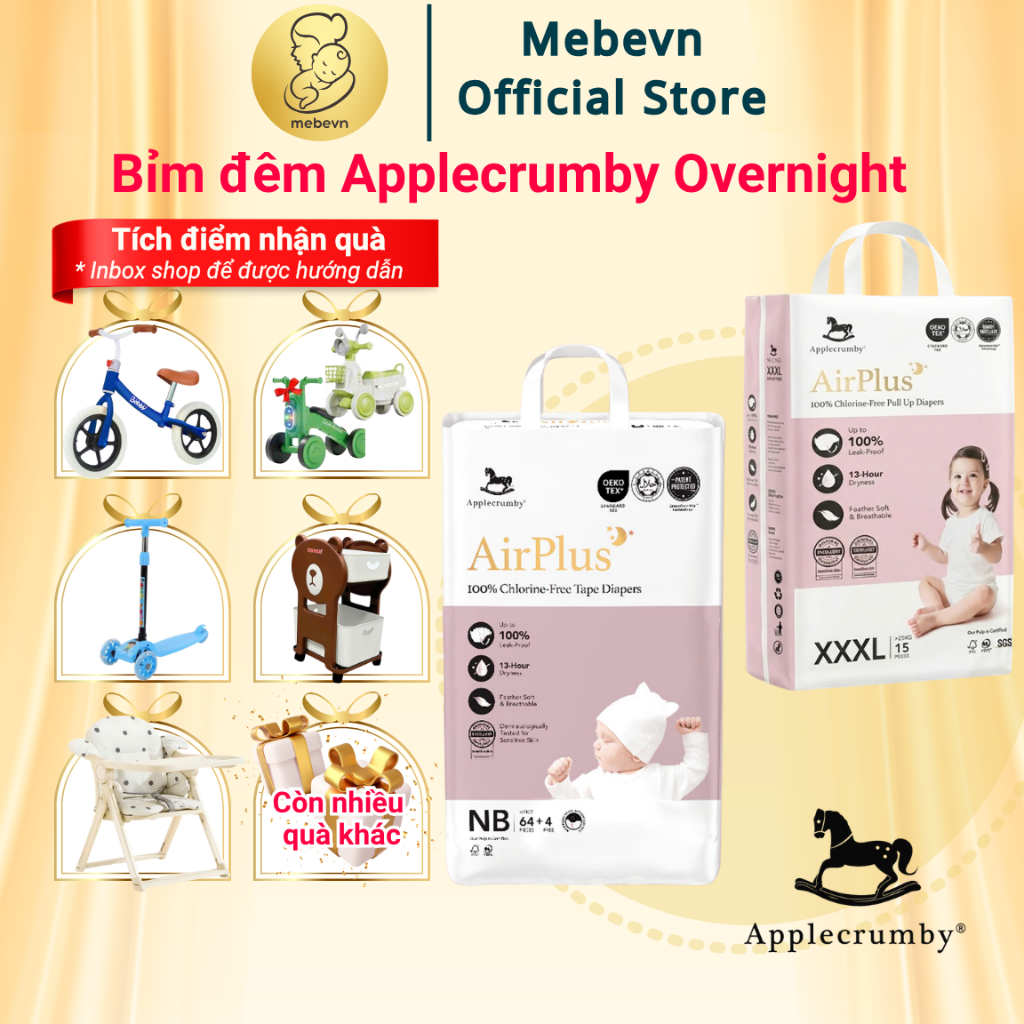 Bỉm đêm Applecrumby Overnight chính hãng, bỉm applecrumby overnight cho bé đủ size NB/S/M/L/XL/XXL