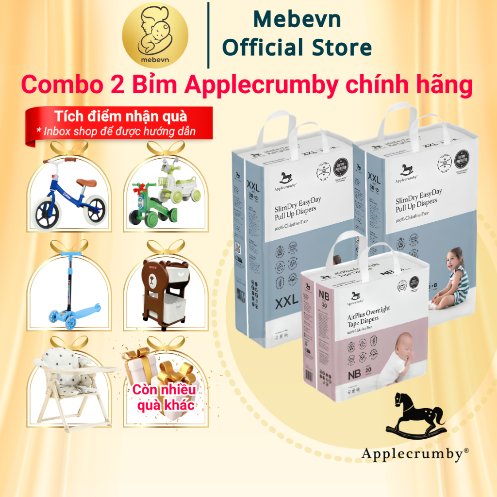 [FBS] Combo 2 bịch bỉm Applecrumby chính hãng, bỉm đêm Applecrumby Overnight đủ size đến 3XL