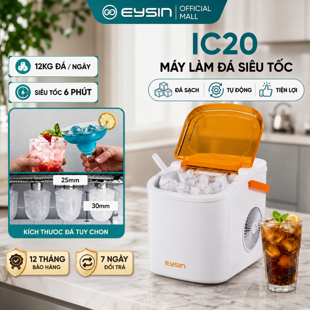 [V] Máy làm đá EYSIN IC20 Máy làm đá viên thông minh di động nhanh dành cho gia đình 12kg/24H