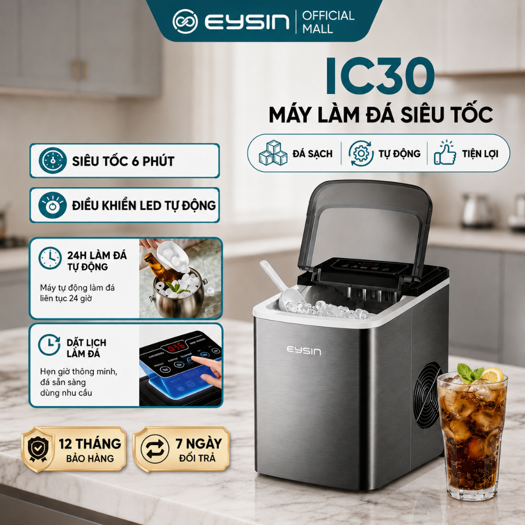 [V] Máy Làm Đá EYSIN IC30 Làm Đá Viên Tự Động, Màn Hình Đếm Ngược, Hẹn Giờ Làm Đá, Tự Làm Sạch