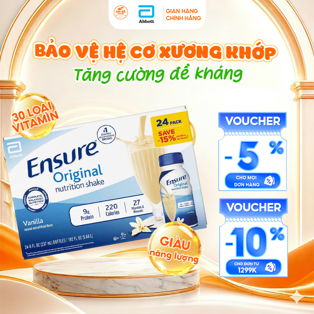 Thùng 24 chai sữa nước CHÍNH HÃNG Ensure Vani 237ml – Dòng Original / Gold phục hồi sức khỏe nhanh