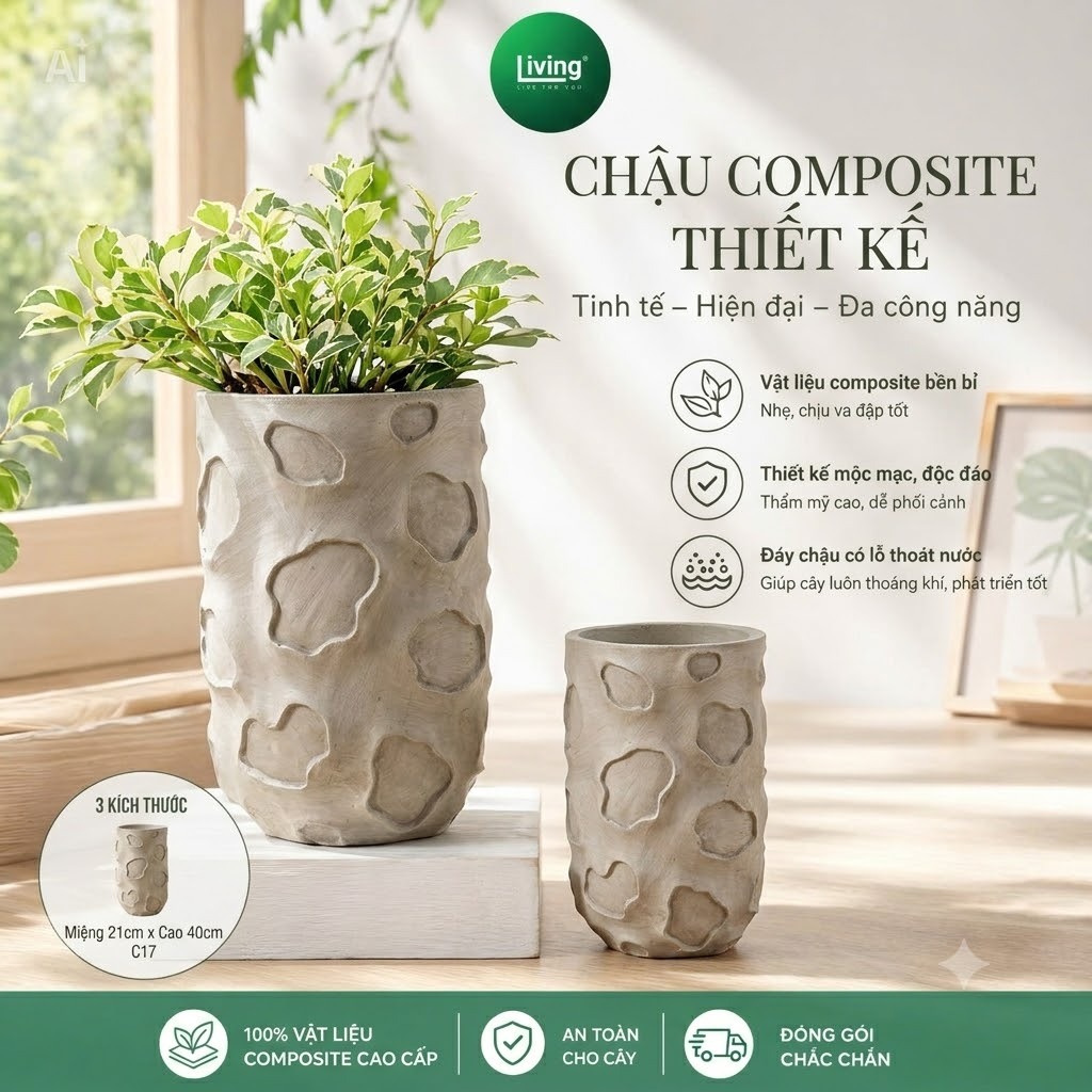 Chậu Composite Trồng Cây Vân Đá Living Decor - Chậu Cây Cảnh Cao Cấp Có Lỗ Thoát Nước Cho Ban Công |