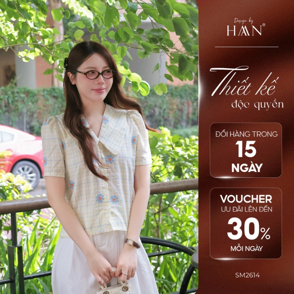 Áo Sơ Mi Nữ Kẻ Vàng Chanh Thêu Hoa Nổi, Chất Vải Mềm Mịn Thoáng Mát - HAAN Design SM2642