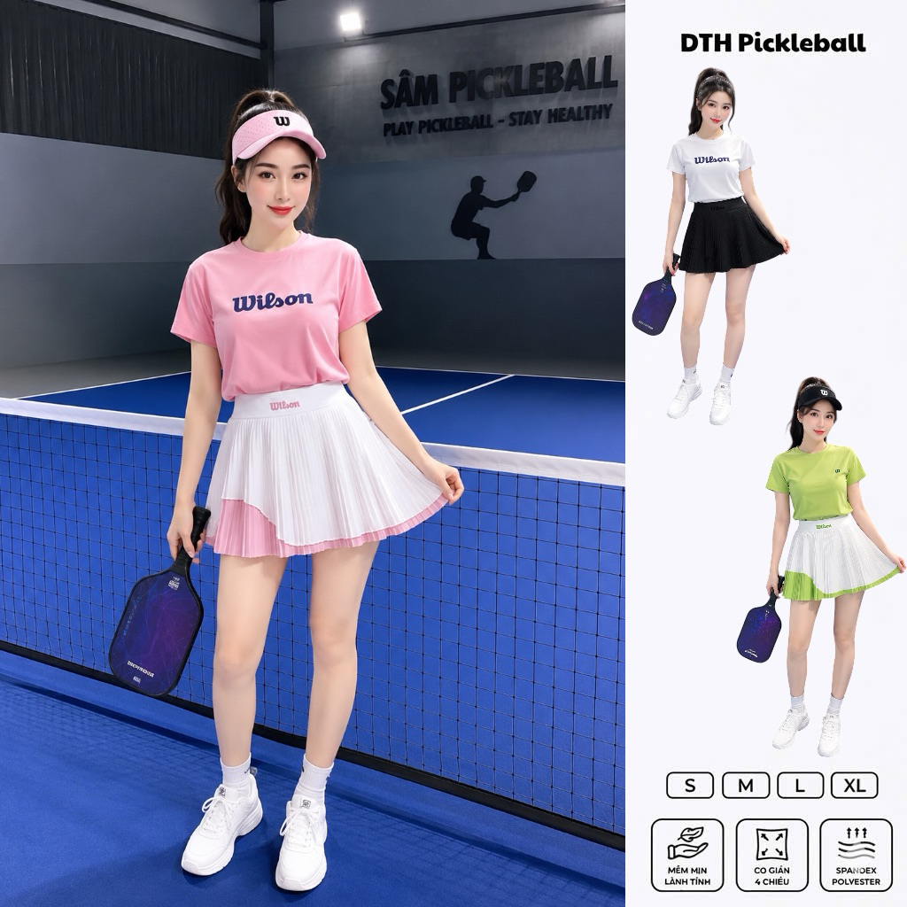 Set Đồ Pickleball/Tennis Nữ Wilson – Áo Thun Thể Thao Tay Ngắn Phối Chân Váy Xếp Ly Co Giãn 4 Chiều,
