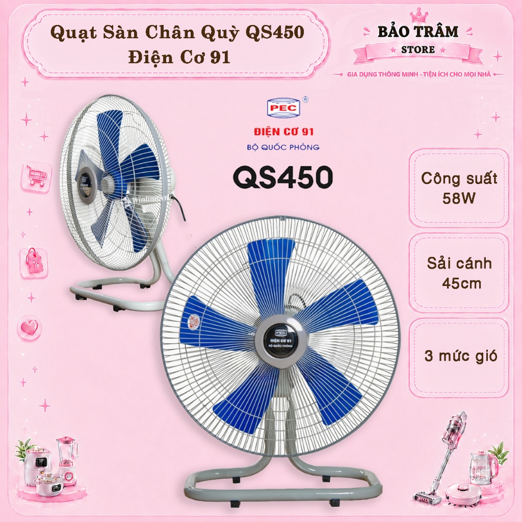 Quạt Sàn Chân Quỳ QS450 Điện Cơ 91 – Quạt Sàn Công Suất Lớn 58W, Sải Cánh 45cm, Gió Mạnh Động Cơ Bền