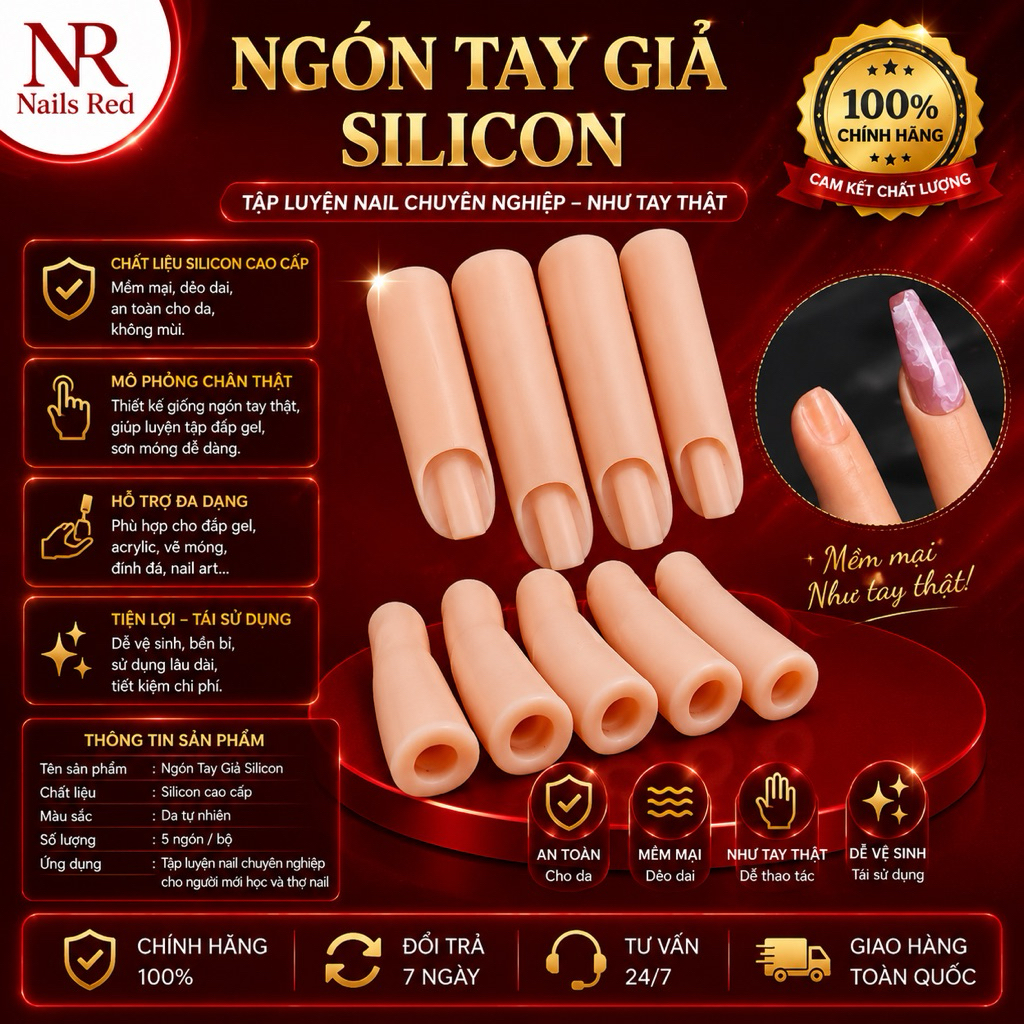 Set 5 ngón tay giả silicon thực hành nail - Bộ 5 ngón tay giả cho học viên nail - Nails Red