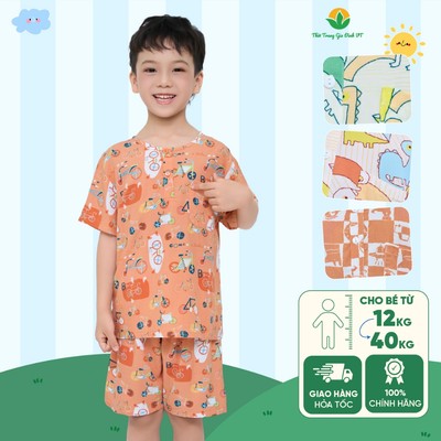 Bộ mặc nhà bé trai chất Lanh thời trang Việt Thắng quần đùi áo cộc tay cổ tròn họa tiết - B63.6002