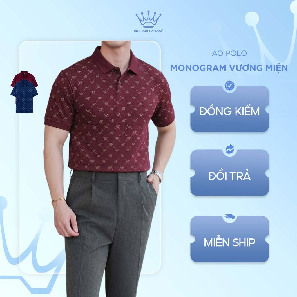 Áo Polo Nam Richard Adam Cotton Mềm Họa Tiết Monogram Vương Miện Cao Cấp Form Regular PL020526