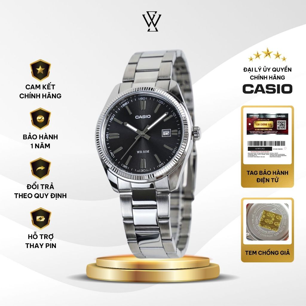 Đồng Hồ Nam Casio MTP-1302D-1A1VDF Màu Đen Kim Trắng Mặt Kính Khoáng 38.5mm Chống Nước Dây Kim Loại 