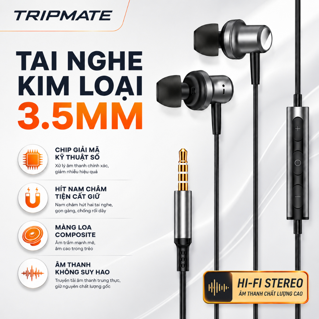 Tai nghe 3.5mm TRIPMATE H02, Âm Thanh Sống Động, Mic Đàm Thoại Rõ Nét, Thiết Kế Hút Từ Chống Rối | BigBuy360 - bigbuy360.vn