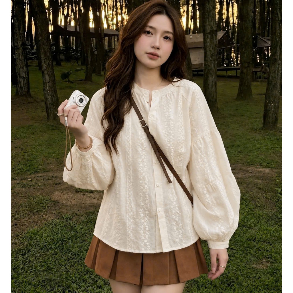 Set váy ngắn - Set váy đáng iu, dễ thương cho nàng hẹn hò, set áo xô thêu cổ tròn cài cúc tay dài ph
