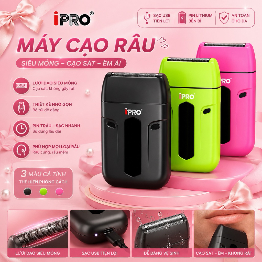 Ipro máy cạo khô cạo râu cho nam, máy khoẻ pin bền, cạo êm không đau rát