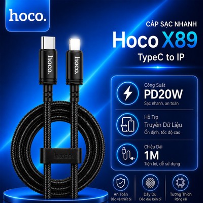 Cáp sạc nhanh Typec to IP PD20W Hoco X89 truyền dữ liệu dùng cho 14 trở xuống, dài 100CM