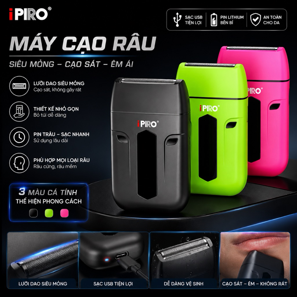 Máy Cạo Râu IPRO Cao Cấp 3 màu Cạo Râu Cho Nam, Máy Cạo Râu Khô Đa Năng không dùng bọt