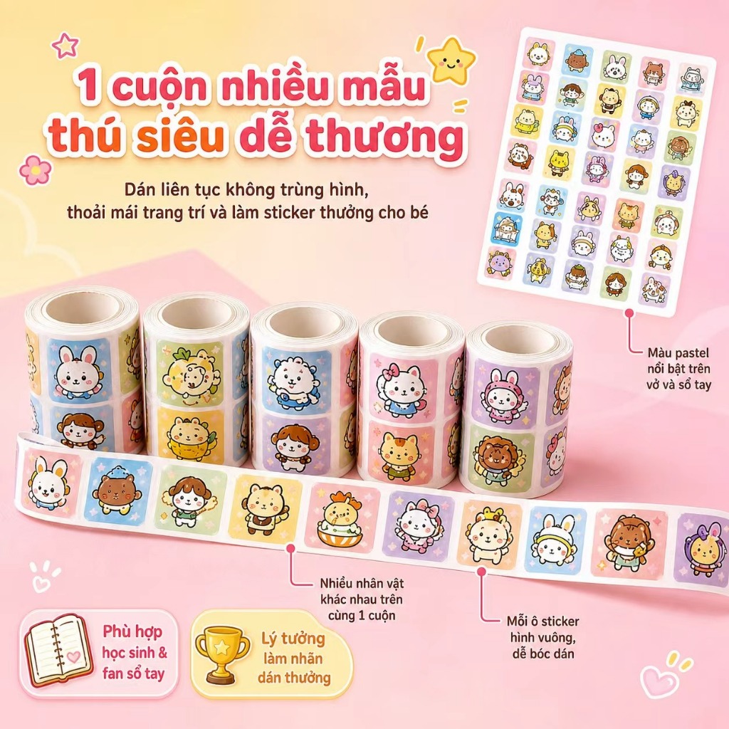 Hình dán Ghibli dễ thương, 500 hình dán mỗi cuộn, không để lại cặn keo.