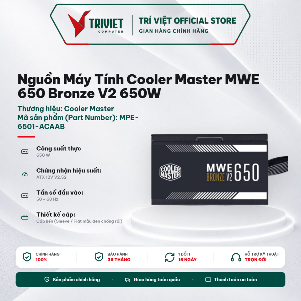 Nguồn Máy Tính Cooler Master MWE 650 Bronze V2 650W 80 Plus Bronze Full Range PSU