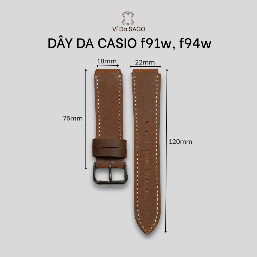 Dây Da Bò Thật Cho CASIO F91W F94W, Khoá Kim, Nhiều Màu_ Ví da SAGO