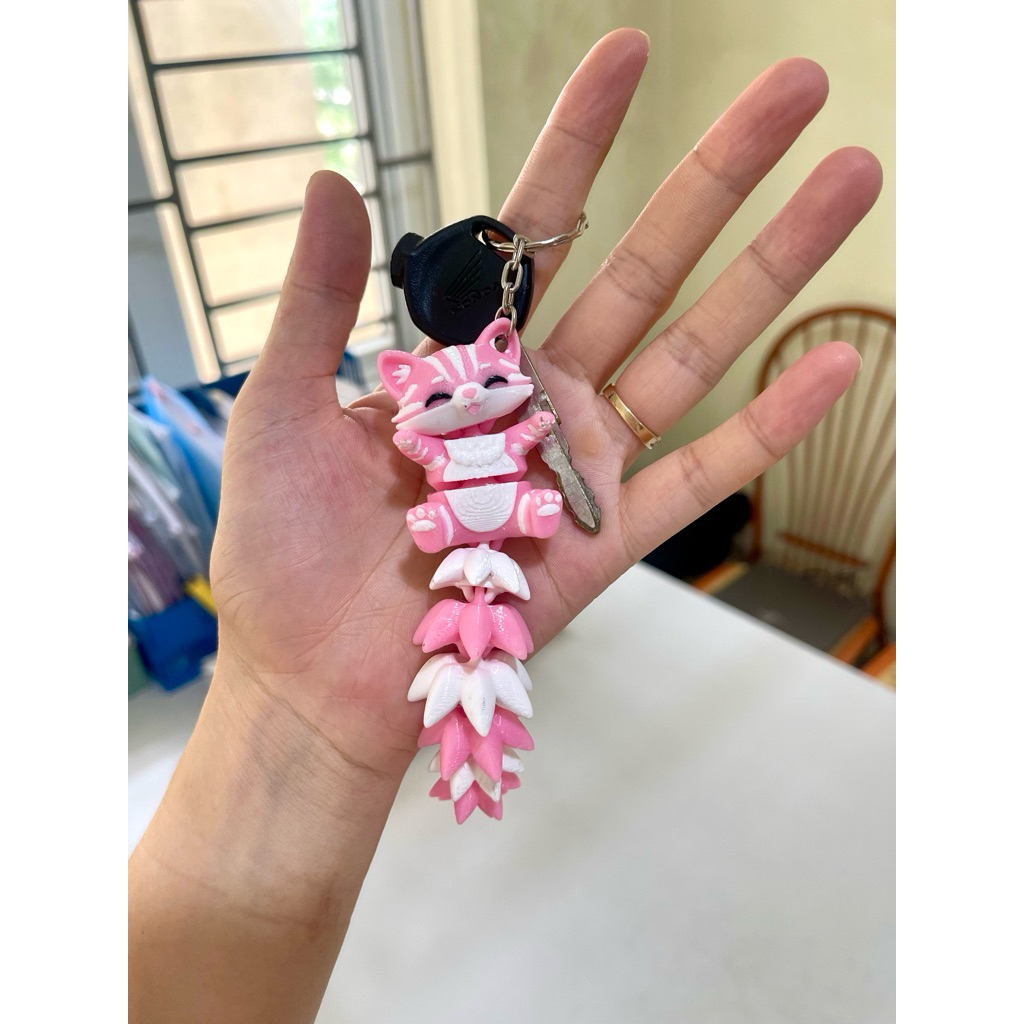 Móc Khóa Cáo Hồng Đuôi Cử Động In 3D – Foxie Hồng Pastel Siêu Cute