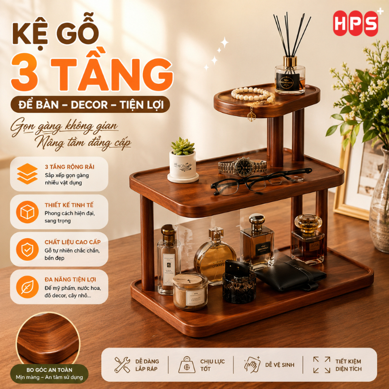 Kệ Gỗ Decor 3 Tầng Phong Cách Nhật Bản HPS – Kệ Đựng Mỹ Phẩm, Nước Hoa, Phụ Kiện Sang Trọng