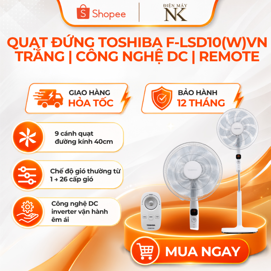 Quạt đứng Toshiba F-LSD10(W)VN Trắng | F-LSD10(H)VN Xám - DC Inverter - Bảo hành chính hãng 12 tháng