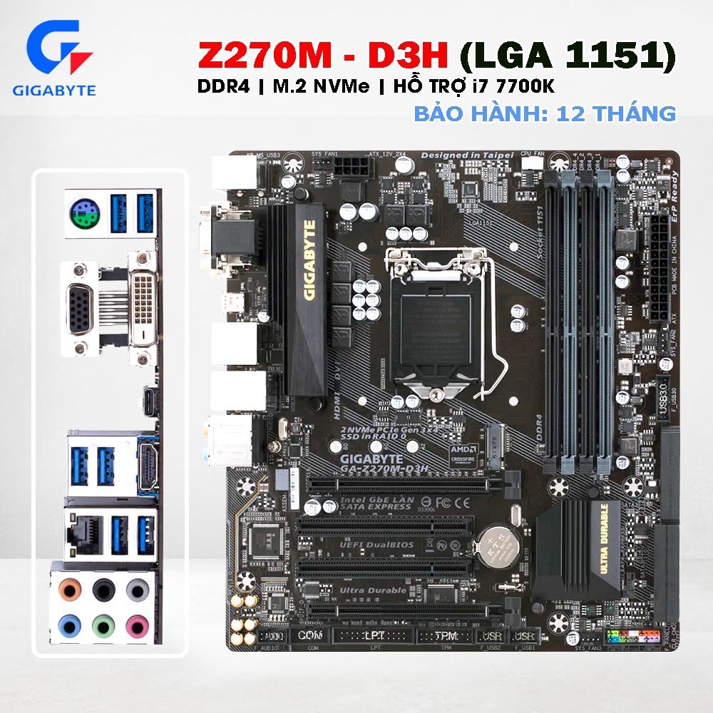 Main GIGABYTE GA-Z270M-D3H Z270 Socket 1151 DDR4 | Hỗ trợ i7 7700K i5 7600K | M.2 NVMe | Gaming PC. 