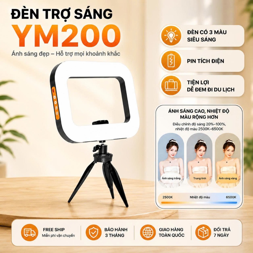Đèn Livestream Cầm Tay YM200 Di Động Tích Hợp Giá Đỡ Điện Thoại Hỗ Trợ Quay Video