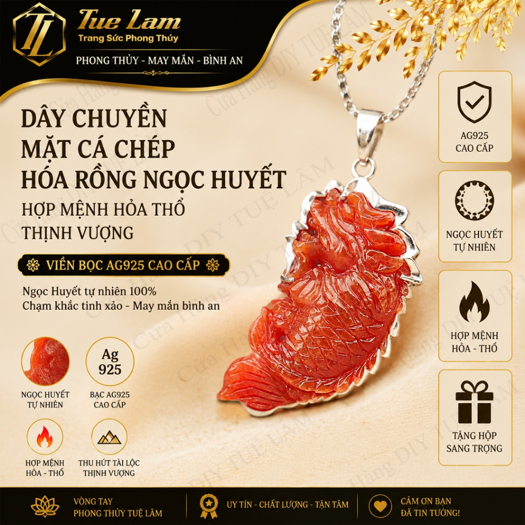 Dây chuyền mặt cá chép hóa rồng ngọc huyết hợp mệnh hỏa thổ thịnh vượng viền bọc Ag925 - DIY TUỆ LÂM