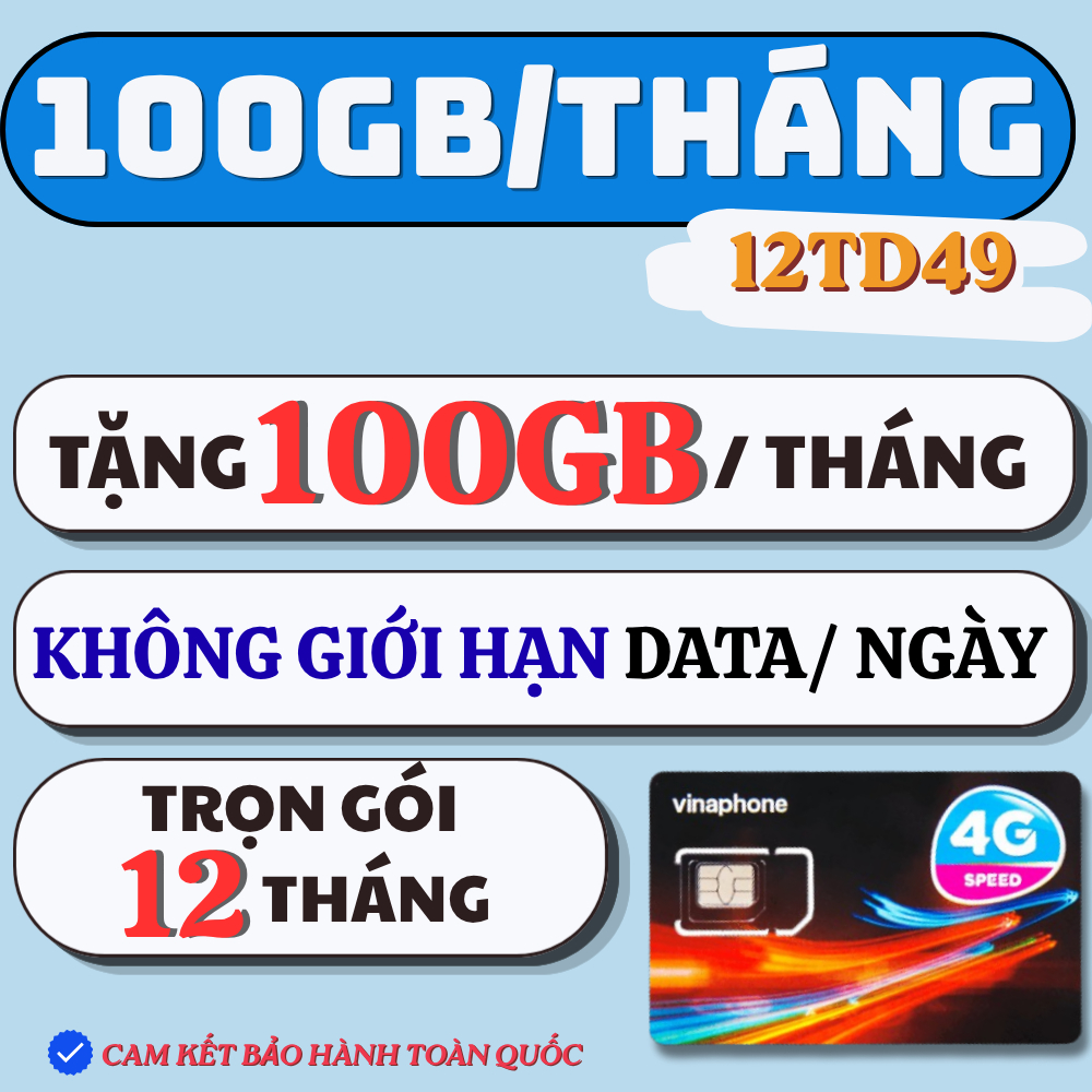 TẶNG 1200GB/NĂM KHÔNG GIỚI HẠN theo ngày | SIM 4G 5G Vinaphone TD49 Tặng Data Sài Thả Ga TRỌN GÓI 12