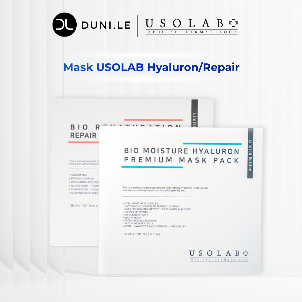 Mặt nạ USOLAB Bio Renaturation Repair vs BIO MOISTURE HYALURON PREMIUM 1 hộp 10 miếng | Duni Le Cosm
