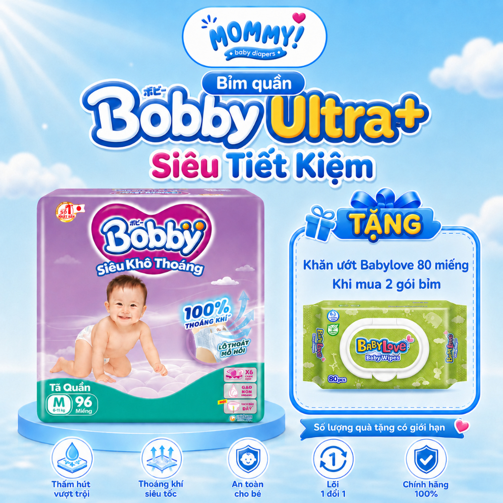 [COMBO 2 GÓI] Tã/Bỉm Bobby Ultra+ Size S80/M96/L88/XL76/XXL70 Date Luôn Mới (Chính Hãng) - MOMMY