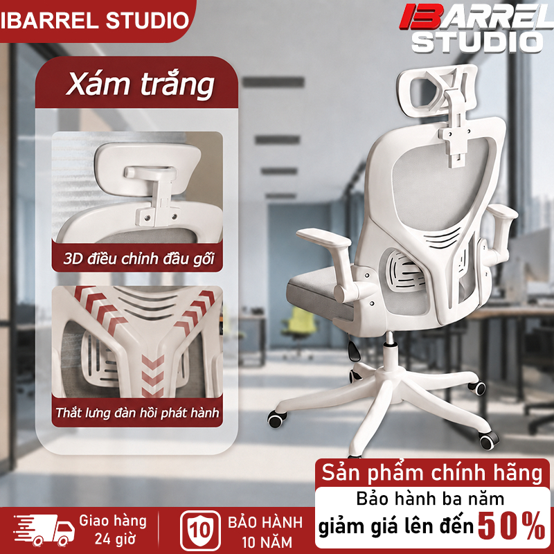 Ghế công thái học Tựa đầu đệm lưng chống mỏi Lưới xám trắng thoáng khí Xoay 360 độ nâng hạ tiện lợi