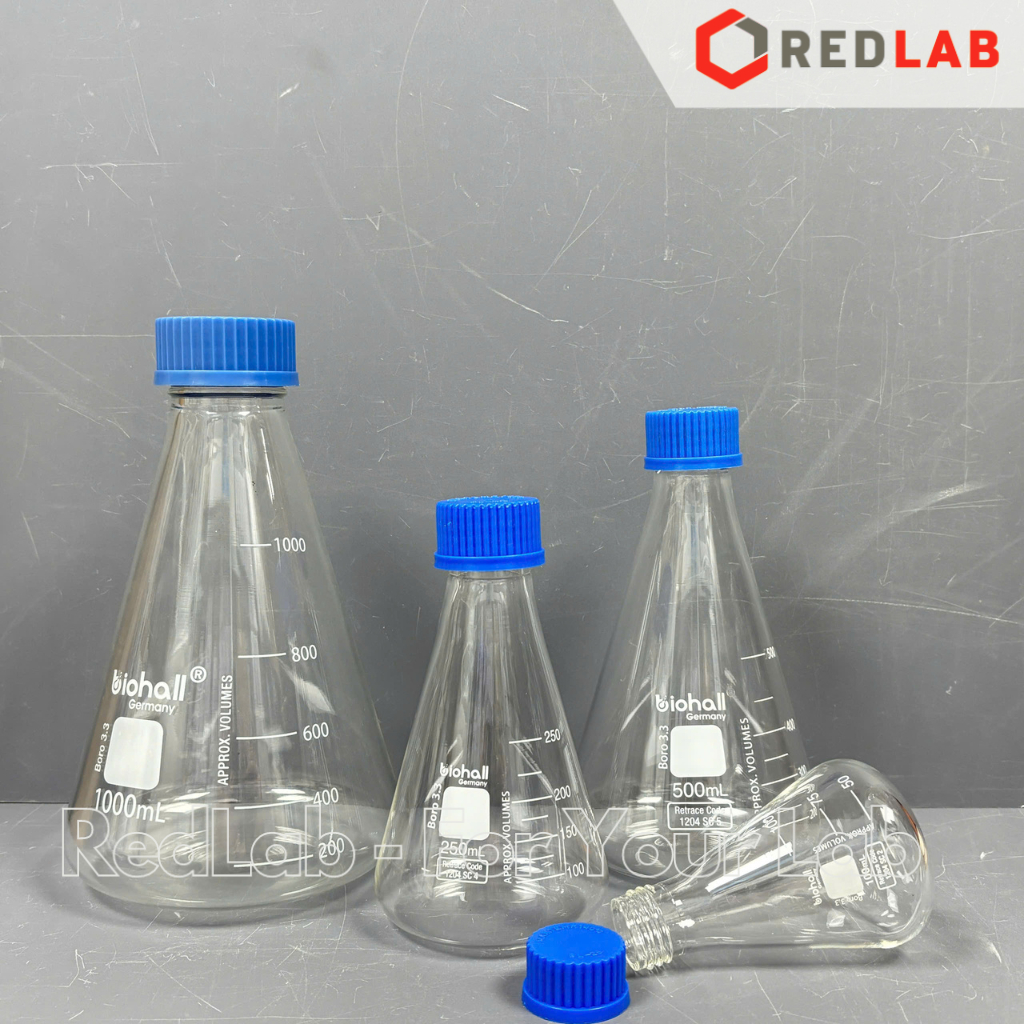 Bình tam giác nặp vặn xanh BIOHALL 50 100 150 250 500 1000 ML - GL25 GL45, chia vạch trắng, có VAT